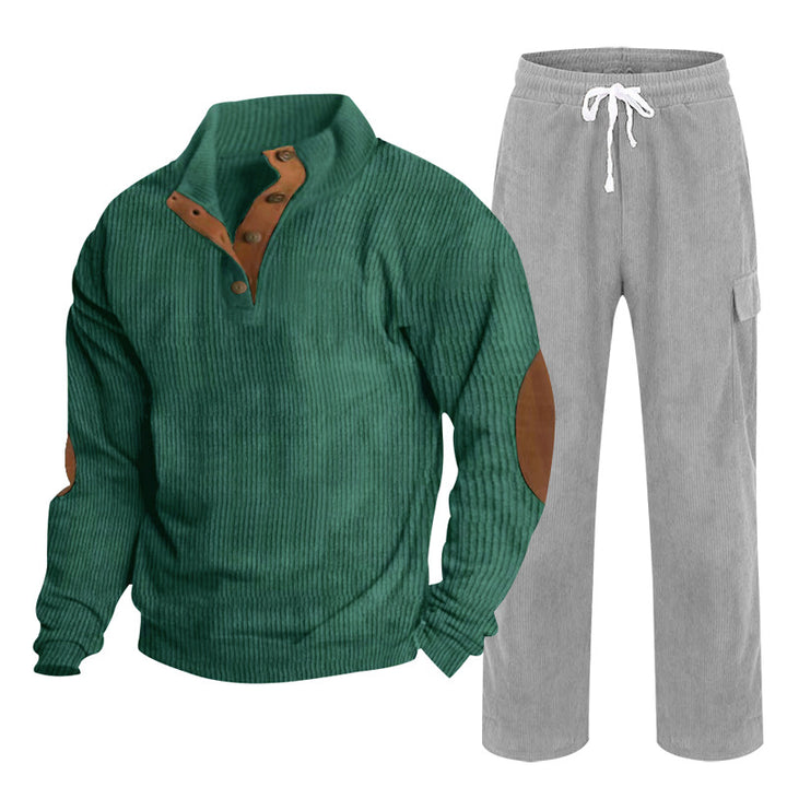 Herren Gemütliches Freizeit-Set aus Waffelstrick-Henley mit Ellenbogenpatch und Relax-Cargo-Hose Drune