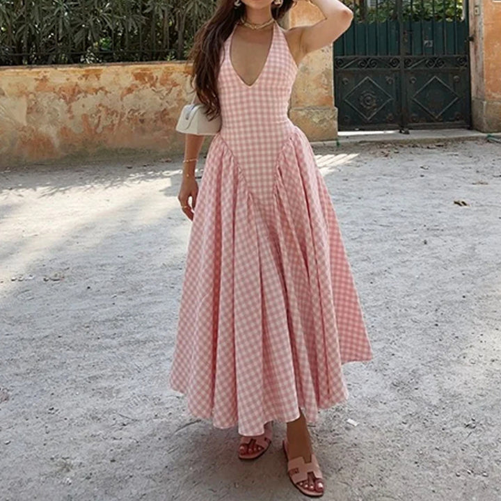 Damen Maxikleid mit V-Ausschnitt und schwingendem Rock Drune