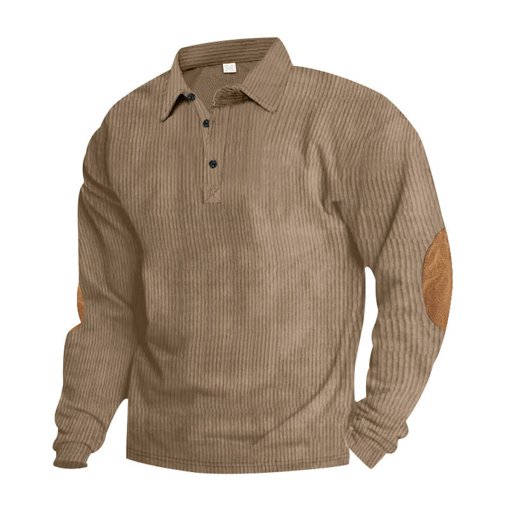 Herren nan schwerer gerippter Baumwoll-Polo-Pullover mit Kentkragen dreifach-Knopfleiste und Wildleder-Ellenbogenpatches Drune