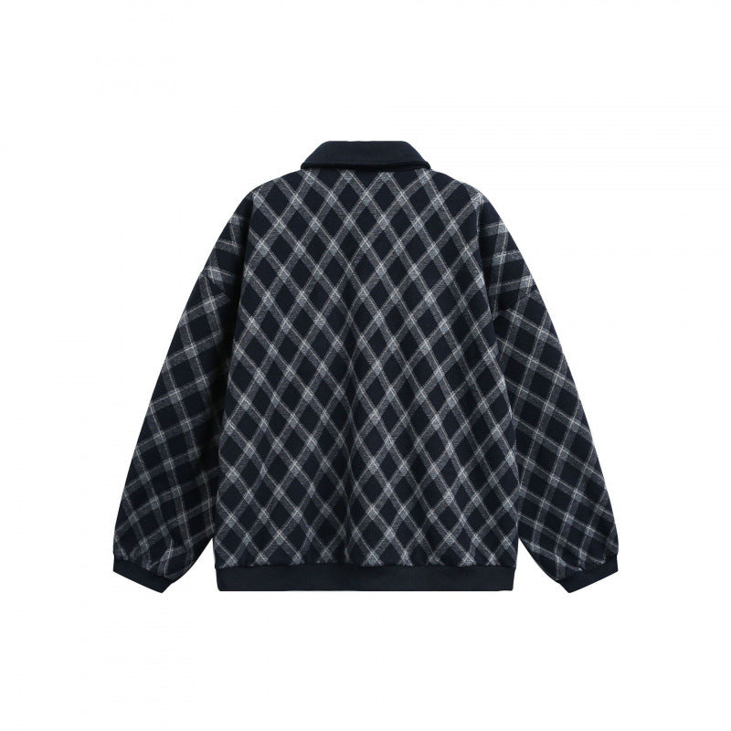 Unisex Oversize Polo-Halbzip-Pullover mit Argyle-Struktur Drune