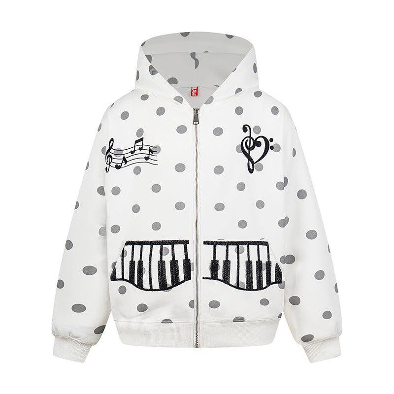 Damen Kapuzen-Sweatjacke im Retro-Punkte-Look mit gestickten Klavier-Taschen und Noten-Emblem Drune