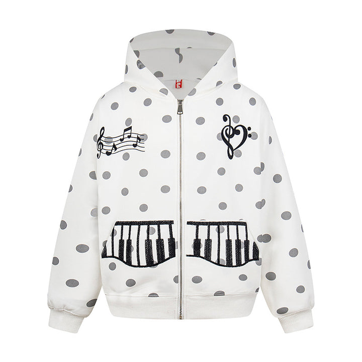 Damen Kapuzen-Sweatjacke im Retro-Punkte-Look mit gestickten Klavier-Taschen und Noten-Emblem Drune