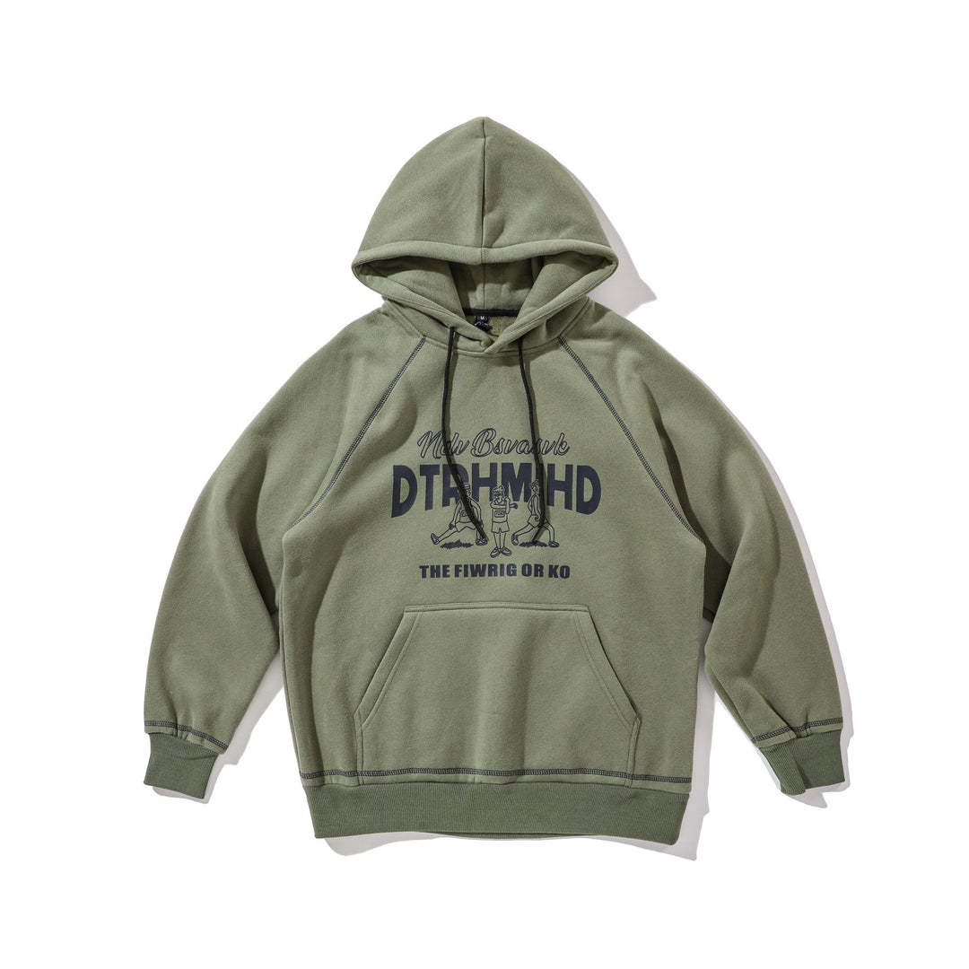 Unisex Oversize Kapuzenpullover mit Raglannähten, Kängurutasche und Vintage-Print Drune