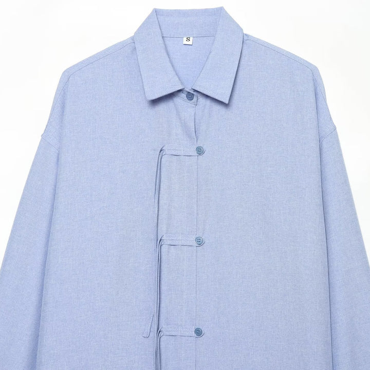 Damen Oversize-Hemd mit Bindeschlaufen, verdeckter Knopfleiste und Tunnelzugsaum Drune