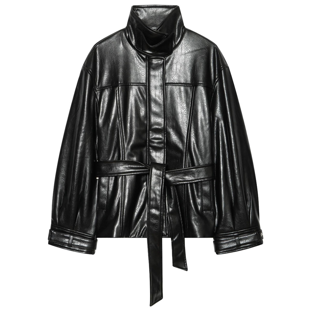 Damen Glänzende Kunstleder‑Blousonjacke mit hohem Funnelkragen und Taillengürtel Drune