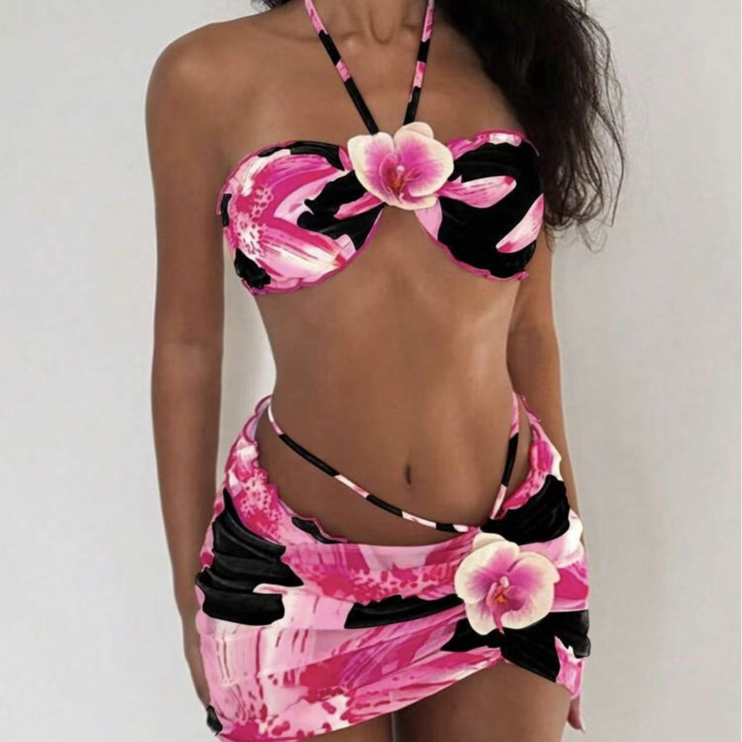 Damen Bikini-Set mit floralem Wickelrock und verstellbarem Oberteil Drune