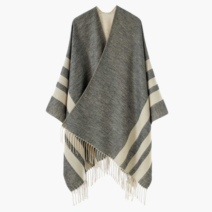 Damen Großer Wollmix Fransenponcho mit diagonalen Kontraststreifen Drune