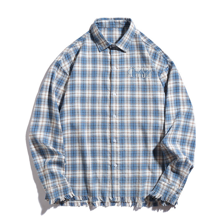 Unisex Overshirt im Karo-Look mit fransigem Saum, Bruststickerei und Knopfleiste Drune