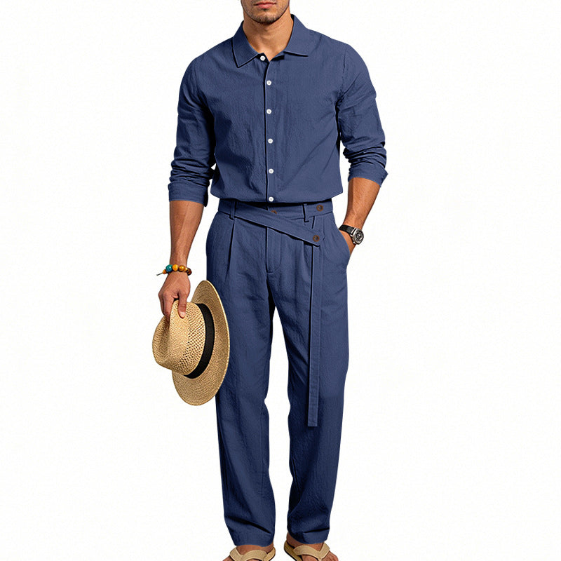 Herren nan eleganter Leinen-Zweiteiler mit Hemd und Hose mit hohem Bund und Bindegürtel Drune