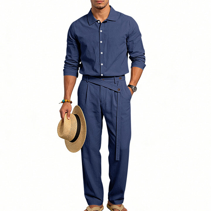 Herren nan eleganter Leinen-Zweiteiler mit Hemd und Hose mit hohem Bund und Bindegürtel Drune