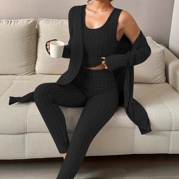 Damen Geripptes Feinstrick-Lounge-Set mit Longcardigan, kurzes Top und hochtaillierten Leggings Drune
