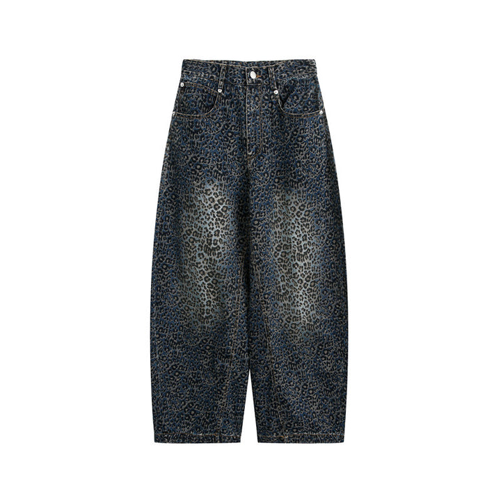 Damen Kurzgeschnittene Weite Jeans mit hoher Taille und Leopardenmuster Drune