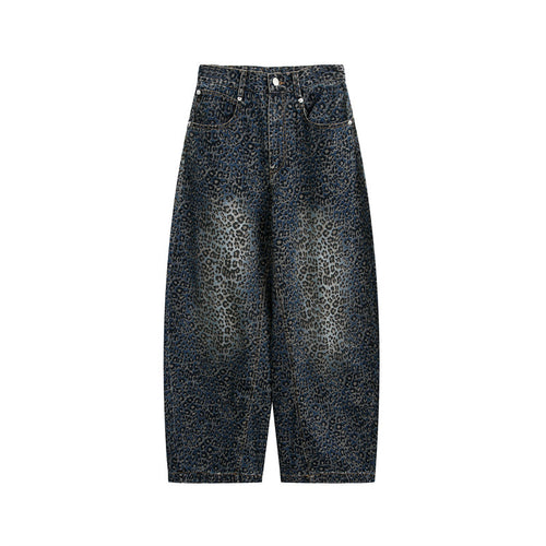 Damen Kurzgeschnittene Weite Jeans mit hoher Taille und Leopardenmuster Drune