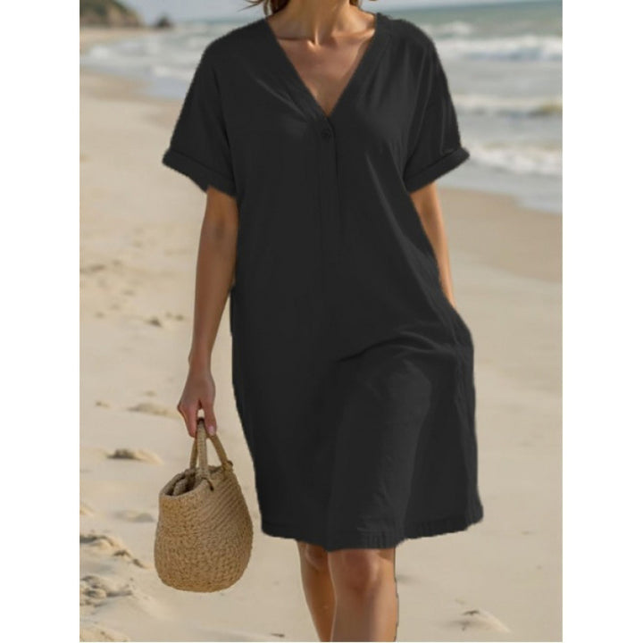 Damen Leichtes Sommerkleid mit umschlagenen Ärmeln und praktischer Knopfleiste Drune