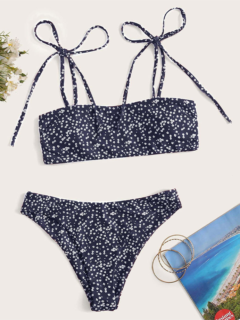Damen Bandeau-Bikini-Set mit trendigen Schleifen und floralem Muster Drune