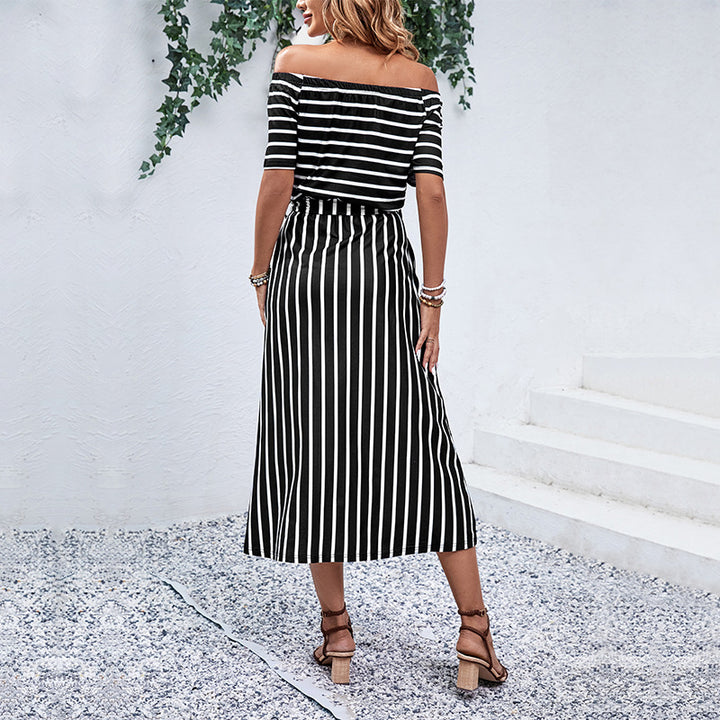Damen Maxikleid mit schickem Off-Shoulder-Design und gestreiftem Muster Drune