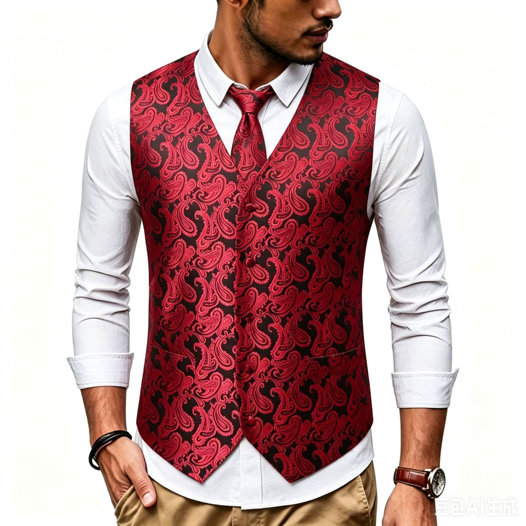 Herren Satin-Jacquard-Weste mit Paisley-Muster und passender Krawatte Drune