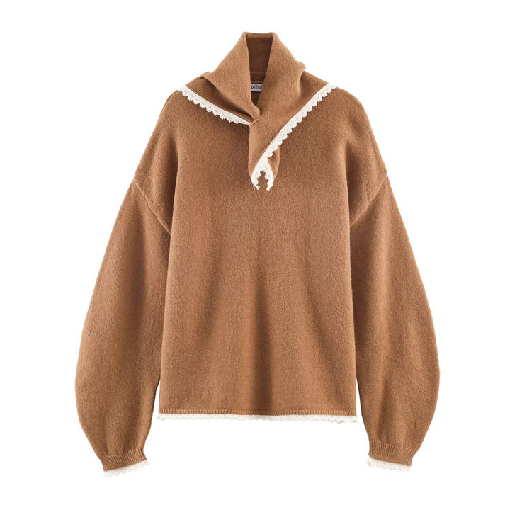 Damen Oversize-Strickpullover mit Schlauchkragen und Spitzenborte Drune