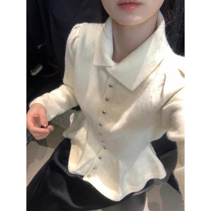 Damen Peplum-Oberteil aus weichem Strick mit eleganten Knöpfen Drune