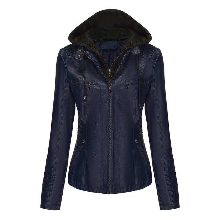 Damen nan taillierte Kunstlederjacke mit Kapuze, gesteppter Armblende und verdeckten Reißverschlusstaschen Drune
