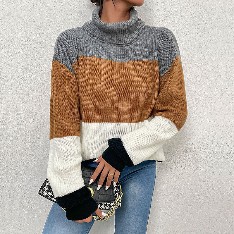 Damen Rollkragen-Colorblock-Pullover aus Grobstrick Drune