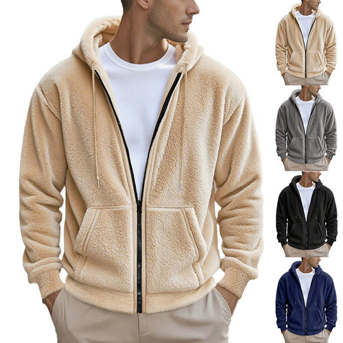 Herren Teddy-Fleece-Kapuzenjacke mit durchgehendem Reißverschluss und Kängurutaschen Drune