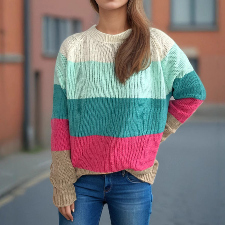 Damen lässiger Strickpullover mit bunten Blockstreifen und weitem Schnitt Drune