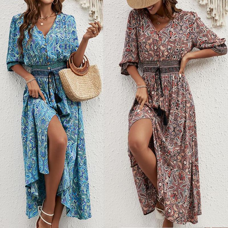 Damen Maxikleid mit verspieltem Paisley-Muster und seitlichem Schlitz Drune