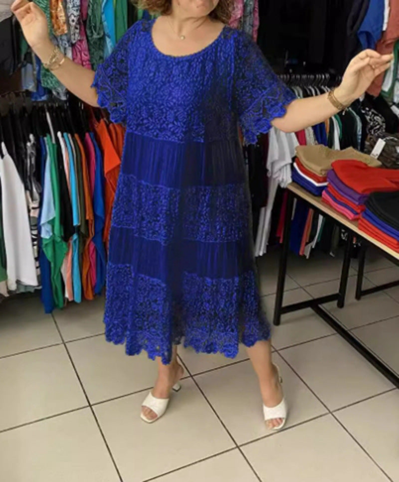 Damen nan mehrlagiges Spitzen-Midikleid mit plissierten Einsätzen und Volantärmeln Drune