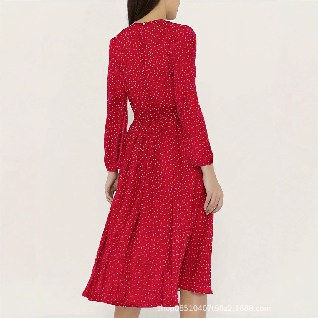Damen Midikleid mit Punkten, taillierter Bindegürtel und Volantrock Drune