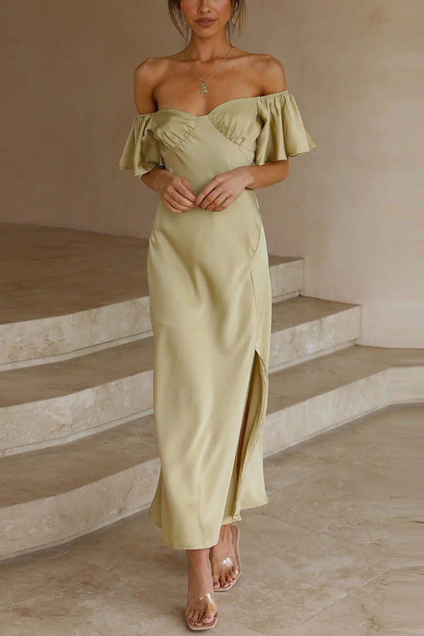 Damen Off-Shoulder Midi-Kleid mit voluminösen Ärmeln und eleganten Akzenten Drune