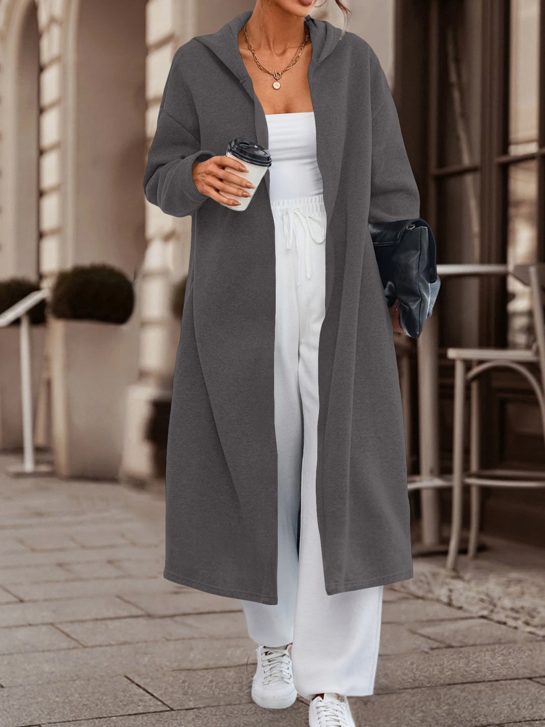 Damen Langer Oversize Kapuzenmantel mit offener Front und weichem Fleece Drune
