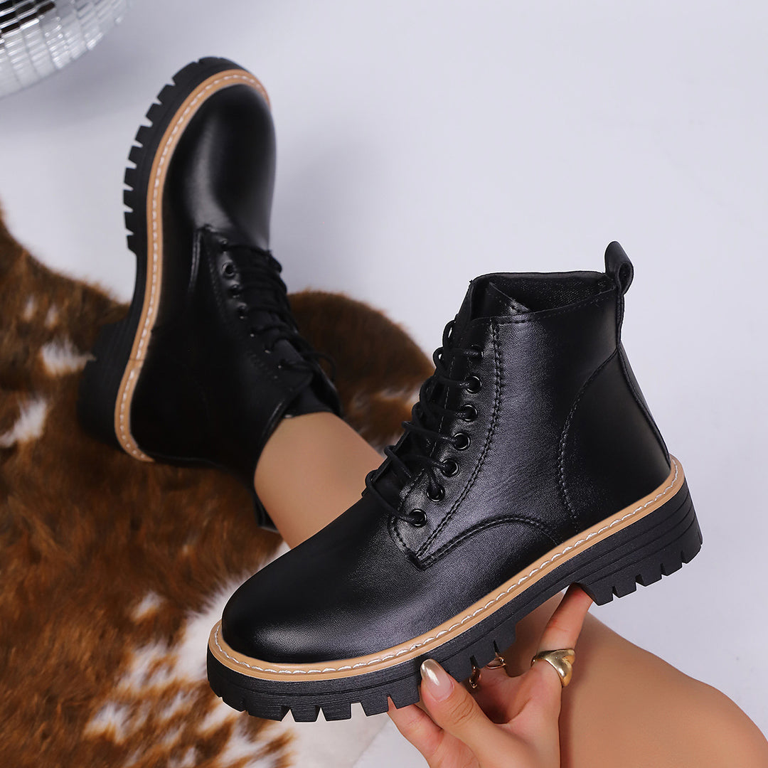 Damen Schnür-Boots mit profilierter Gummisohle und kontrastierender Ziernaht Drune