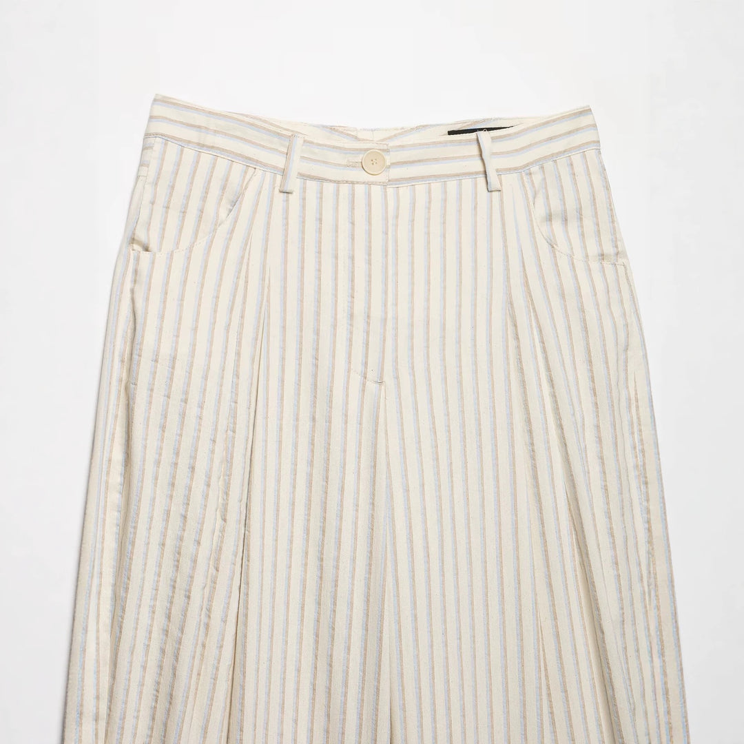 Damen Weite High‑Waist‑Hose aus leichter Baumwollmischung mit feinem Nadelstreifen und Bundfalten Drune