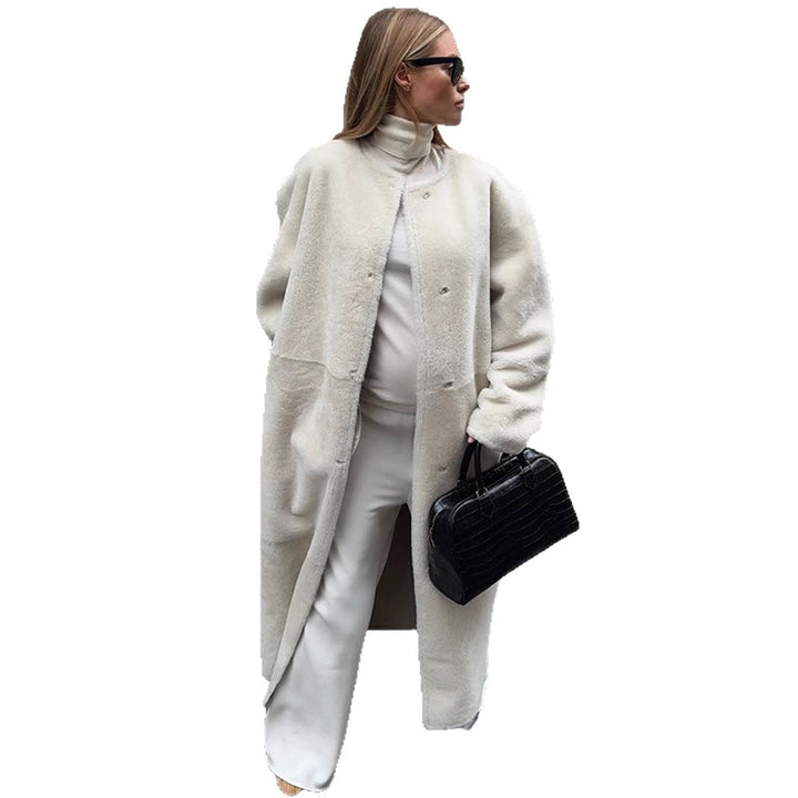 Damen Oversize Langer Kunstfell-Mantel mit Taillengürtel und Stehkragen Drune