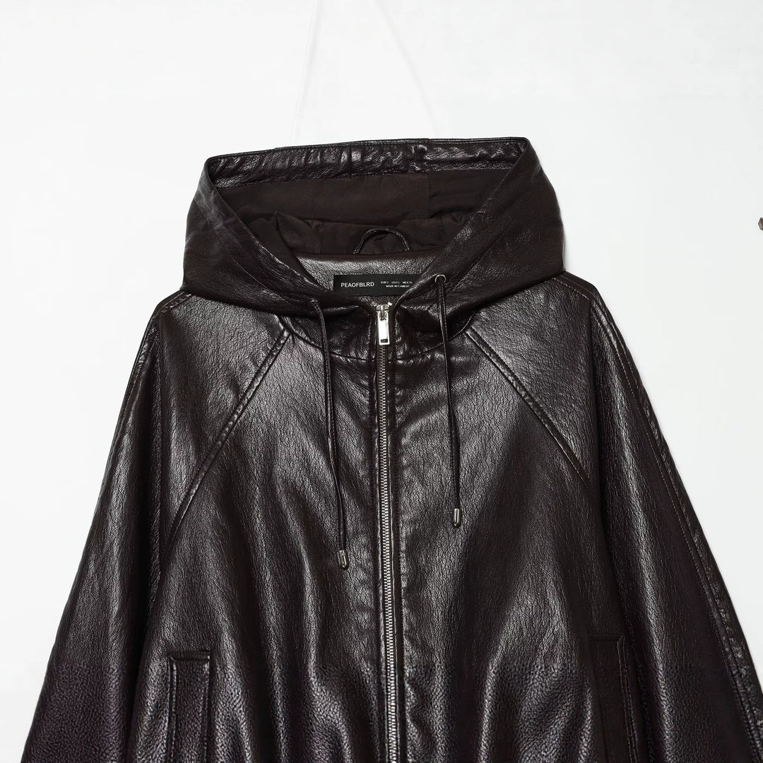 Damen Kapuzen-Leder-Bomberjacke mit Reißverschluss, Kordelzug und elastischem Saum Drune