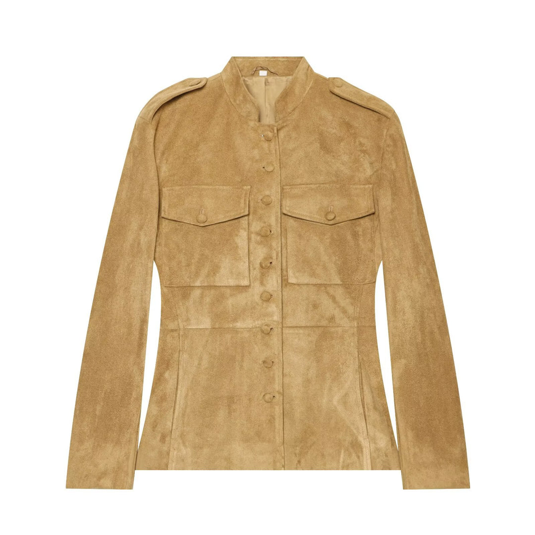 Damen Wildlederjacke im Militärstil mit Stehkragen Drune