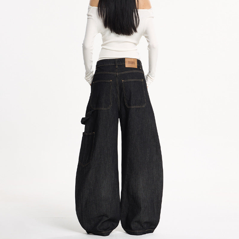 Damen Extraweite Denim-Palazzohose im Cargostil mit tiefem Schritt, Kontrastnähten und Utility‑Details Drune