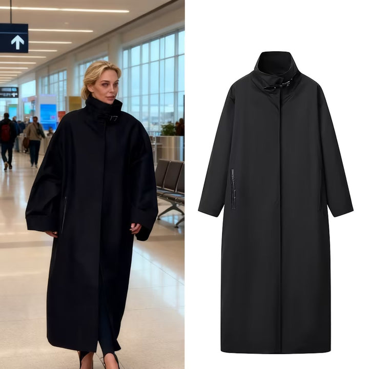 Damen Langer minimalistischer Mantel mit hohem Stehkragen und verdeckter Front Drune