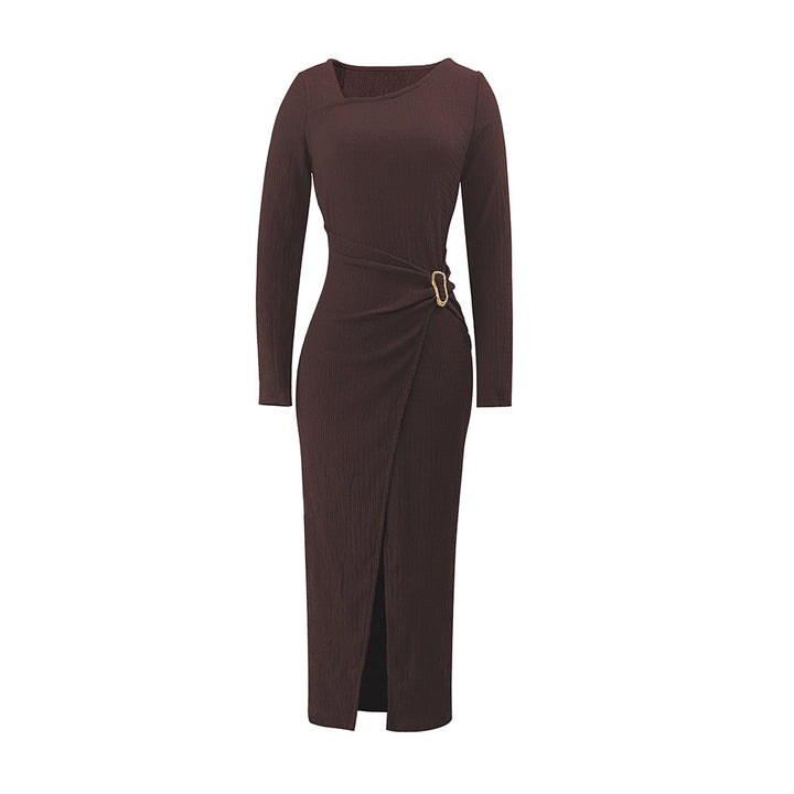 Damen asymmetrisches Wickel-Midikleid mit Ziergürtel, Drapierung und hohem Beinschlitz Drune