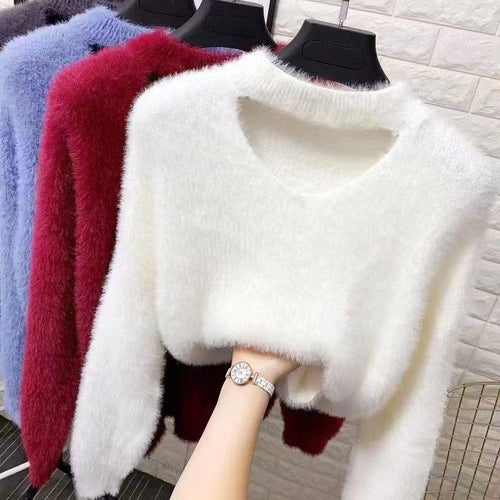Damen kuscheliger V-Ausschnitt Pullover mit hohem Kragen Drune