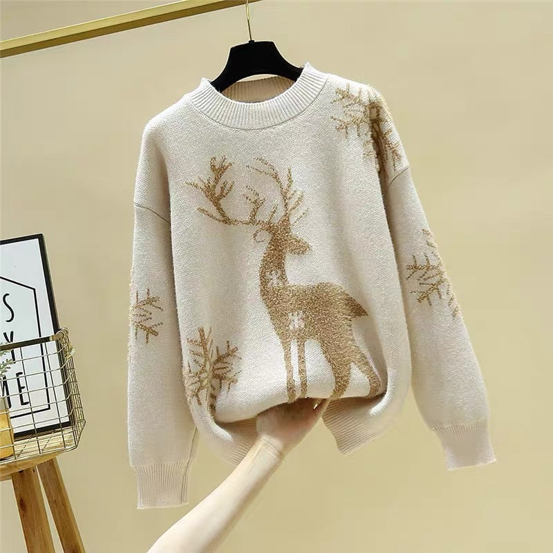 Damen Gemusterter Strickpullover mit Rentier-Jacquard, Rundhalsausschnitt und geripptem Saum Drune