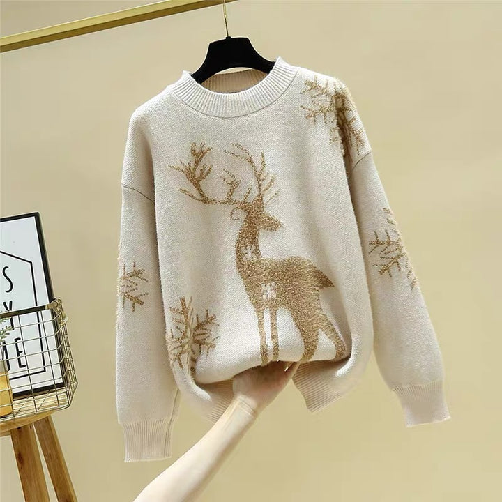 Damen Gemusterter Strickpullover mit Rentier-Jacquard, Rundhalsausschnitt und geripptem Saum Drune