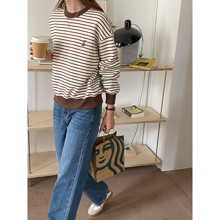 Damen lässiger Rundhals Sweatshirt mit Streifen Drune