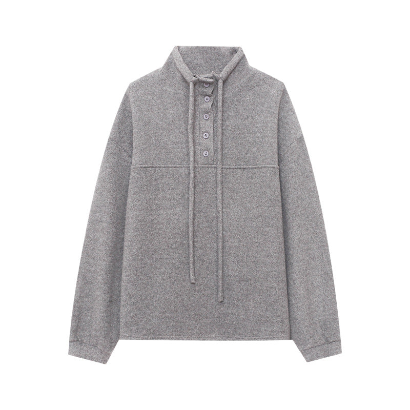 Damen lässiger Fleece-Pullover mit praktischen Knopfdetails und hohem Kragen Drune