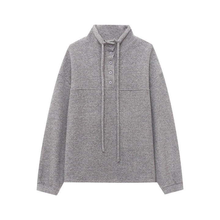 Damen lässiger Fleece-Pullover mit praktischen Knopfdetails und hohem Kragen Drune