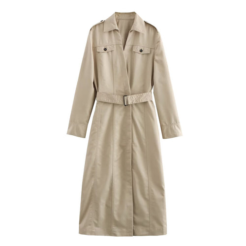 Damen Langer taillierter Trenchcoat mit Bindegürtel, Hemdkragen und Schulterpatten Drune