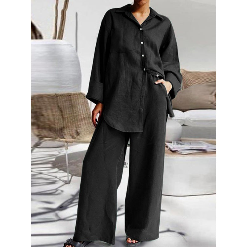 Damen Leinen-Lounge-Set mit weitem Hemd und Palazzo-Hose Drune