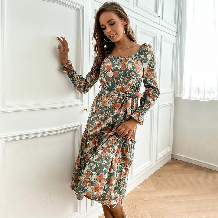 Damen Midikleid mit quadratischem Ausschnitt, Puffärmeln und Taillenschnürung Drune
