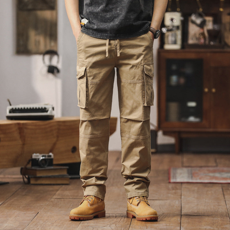 Herren Gerade geschnittene Canvas-Cargohose mit Klapp-Utility-Taschen und Kordelbund Drune